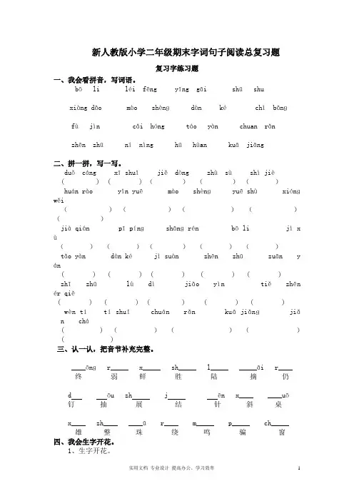 新人教版小学二年级期末字词句子阅读总复习题