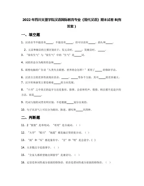 2022年四川文理学院汉语国际教育专业《现代汉语》期末试卷B(有答案)