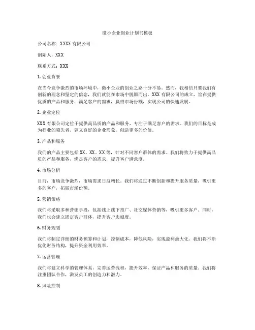 微小企业创业计划书模板