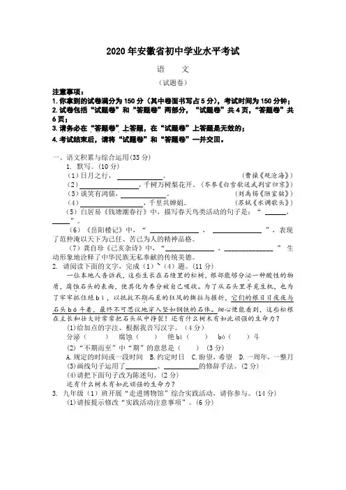 2020年安徽省初中学业水平考试语文卷