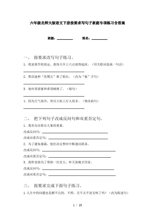 六年级北师大版语文下册按要求写句子家庭专项练习含答案
