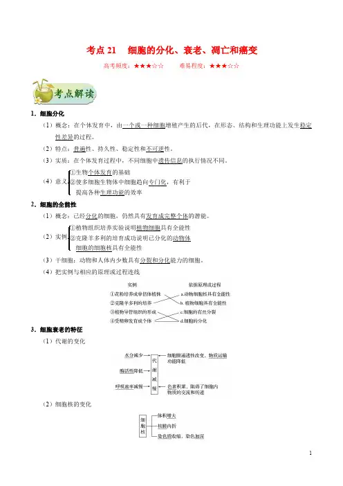 考点21 细胞的分化、衰老、凋亡和癌变-备战2021年高考生物一轮复习考点一遍过