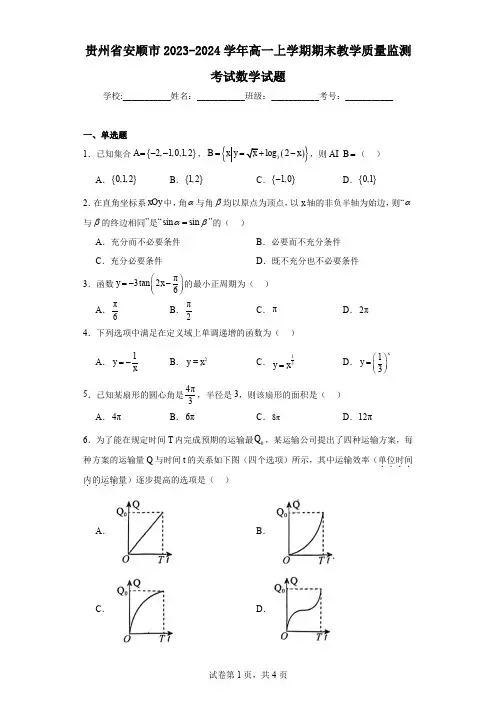 贵州省安顺市2023-2024学年高一上学期期末教学质量监测考试数学试题