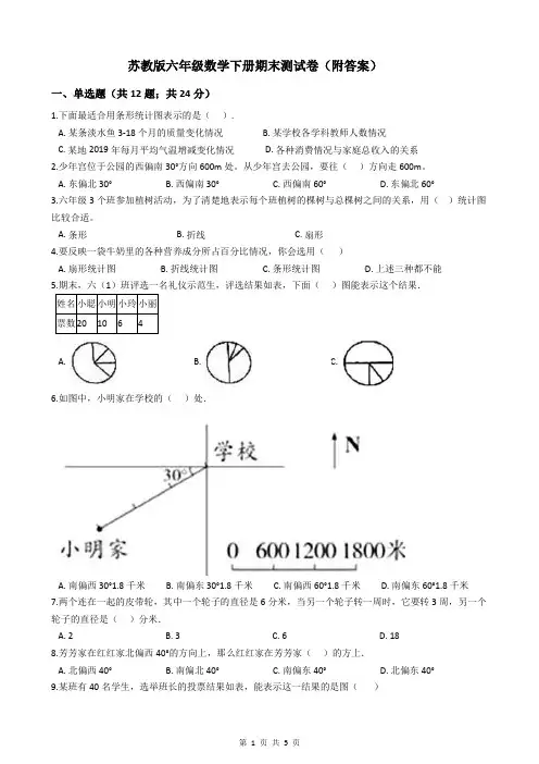 苏教版六年级数学下册期末测试卷(附答案)