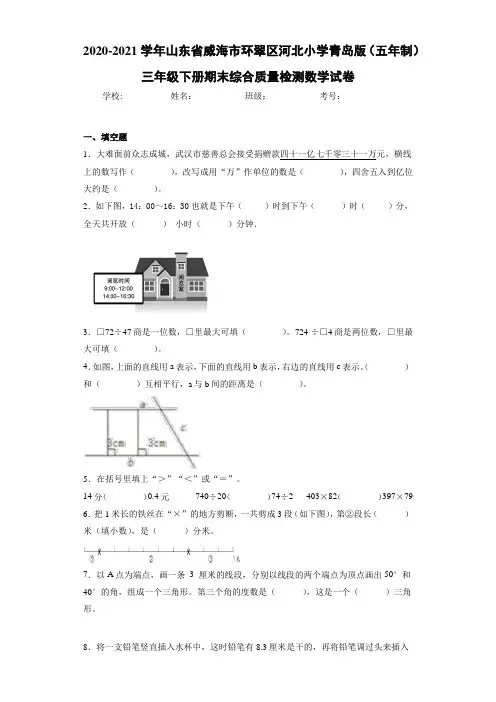 2020-2021学年山东省威海市环翠区河北小学青岛版(五年制)三年级下册期末综合质量检测数学试卷