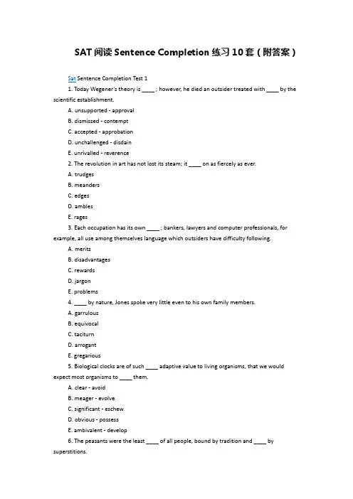 SAT阅读Sentence Completion练习十套(附答案)