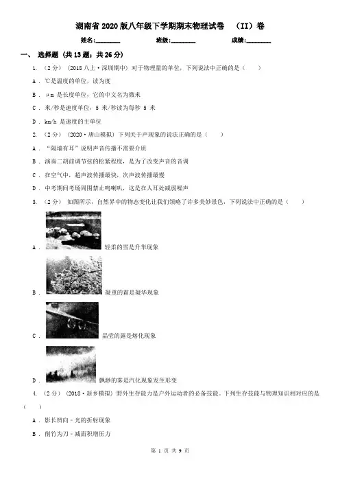 湖南省2020版八年级下学期期末物理试卷  (II)卷