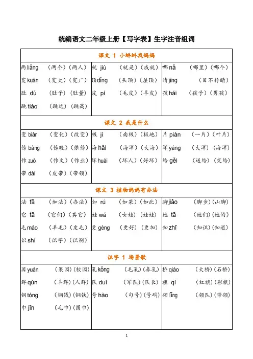 统编语文二年级上册【写字表】生字注音组词