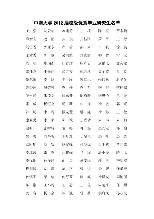 中南大学2012届校级优秀毕业生名单