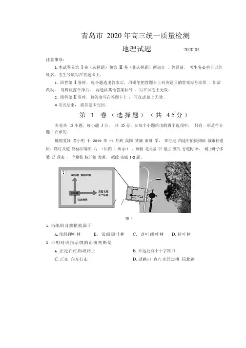 山东省青岛市2020届高三4月统一质量检测(一模)地理试题 含答案