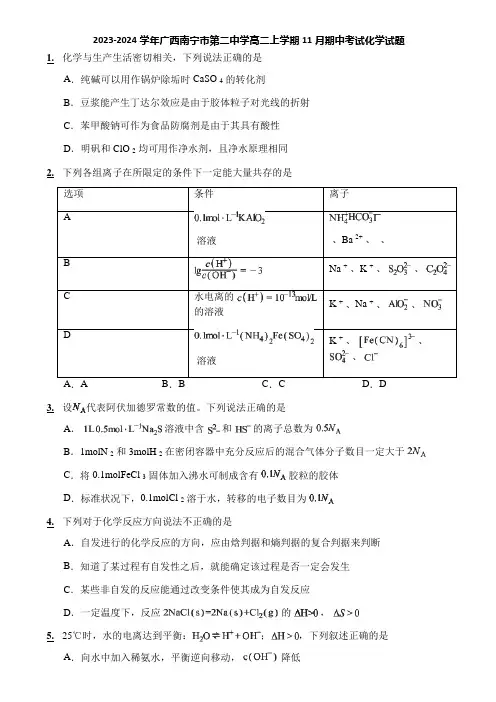 2023-2024学年广西南宁市第二中学高二上学期11月期中考试化学试题