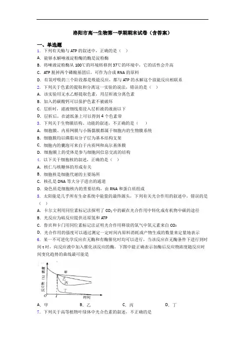 洛阳市高一生物第一学期期末试卷(含答案)