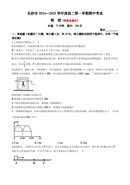 湖南省长沙市2024-2025学年高二上学期期中考试物理试卷含答案