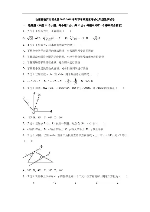 临沂市沂水县2017-2018学年七年级下期末考试数学试卷(含答案)