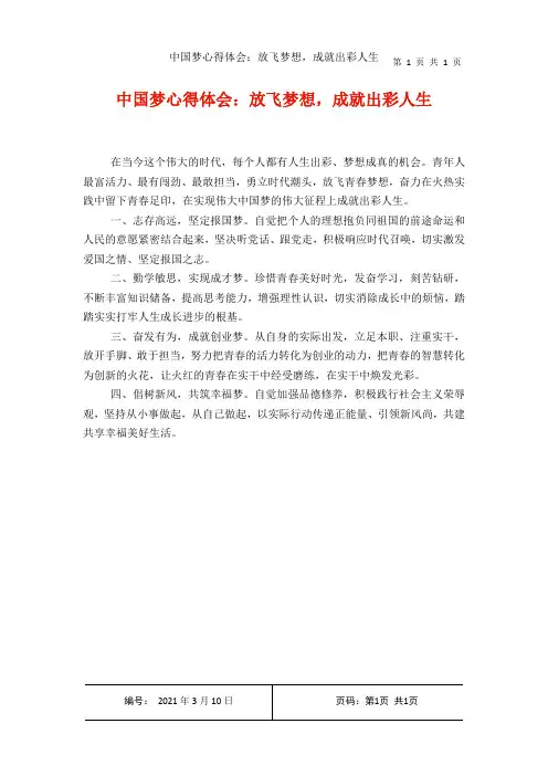 中国梦心得体会放飞梦想,成就出彩人生