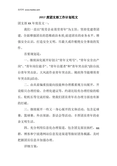 2017度团支部工作计划范文