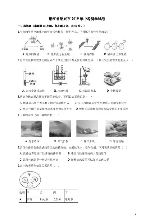 浙江省2019年初中学业水平考试(绍兴卷)科学试题卷(word版,含答案)