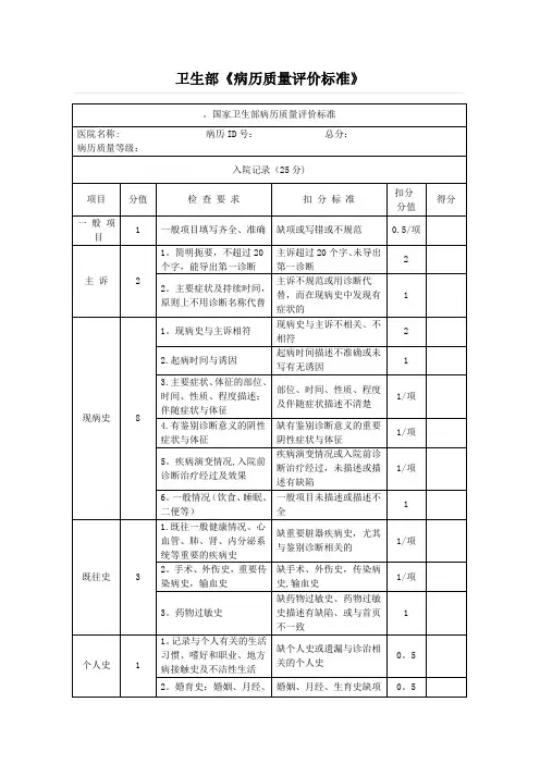 卫生部病历质量评价标准