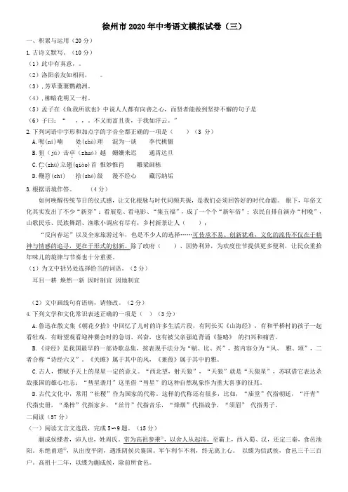 江苏省徐州市2020年中考语文模拟试卷(三)(含解析)