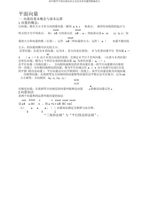 高中数学平面向量知识点总结及常见题型精编范文