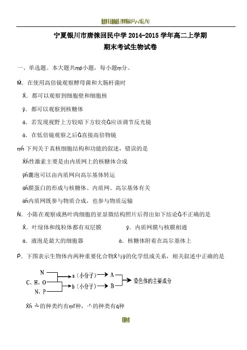 宁夏银川市唐徕回民中学2014-2015学年高二上学期期末考试生物试题
