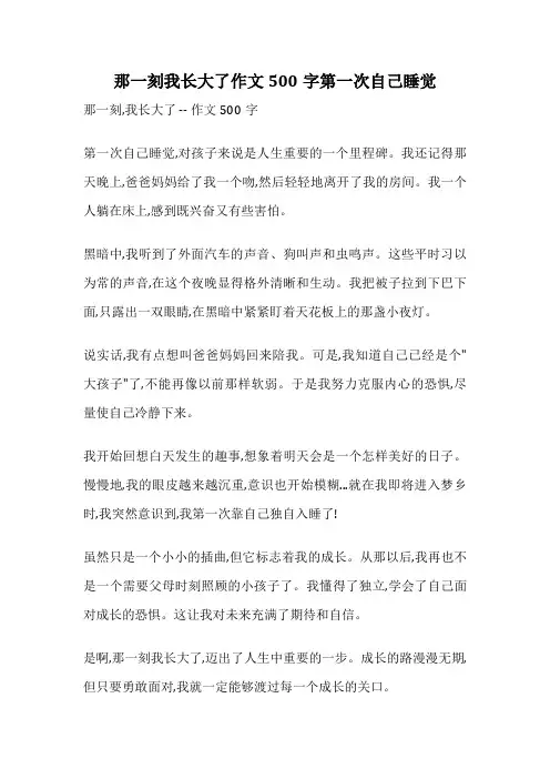 那一刻我长大了作文500字第一次自己睡觉