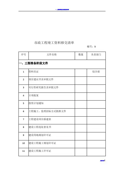 市政工程竣工资料移交清单