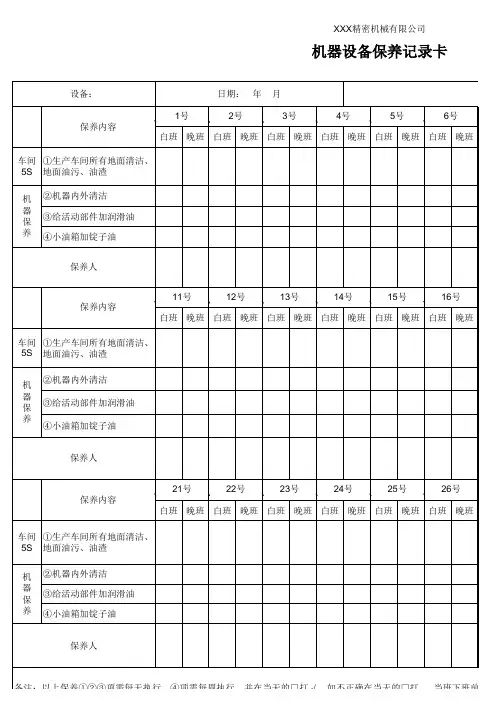 机器设备保养记录卡