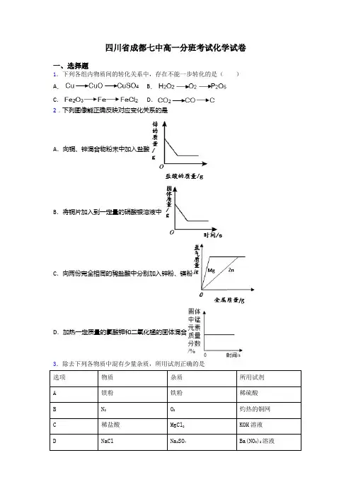 四川省成都七中高一分班考试化学试卷