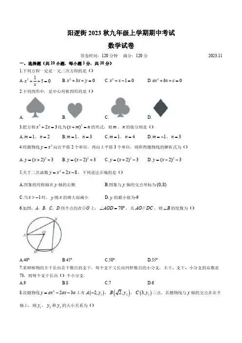 湖北省武汉市新洲区阳逻街2023-2024学年九年级上学期期中数学试题(含答案)