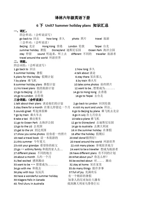译林六年级英语下册Unit 7 Summer holiday plans 知识汇总