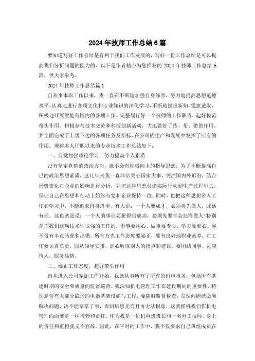 2024年技师工作总结6篇