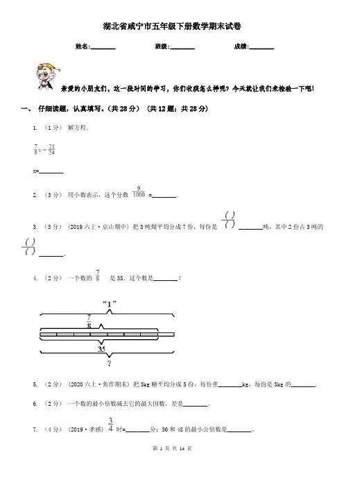 湖北省咸宁市五年级下册数学期末试卷