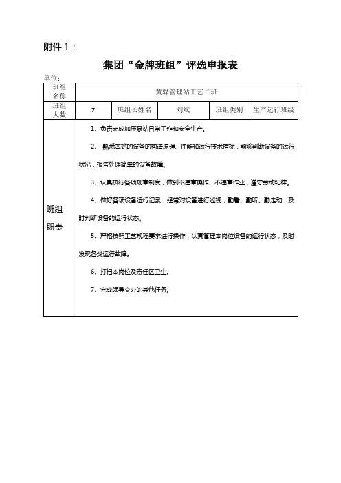 集团“金牌班组”评选申报表