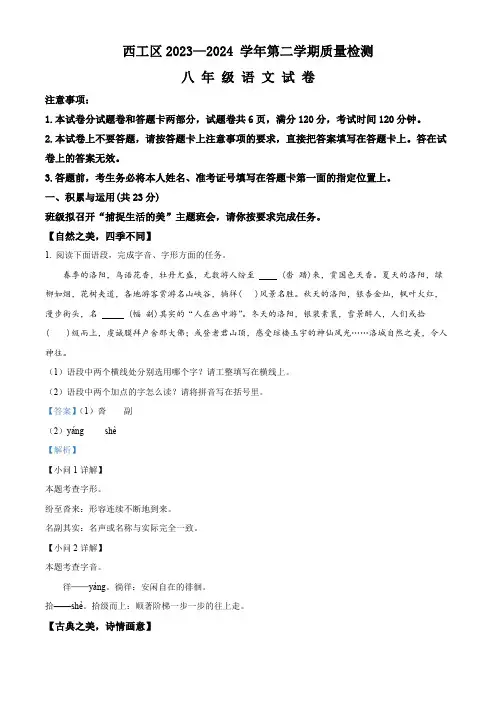 河南省洛阳市西工区2023-2024学年八年级下学期期中语文试题(解析版)
