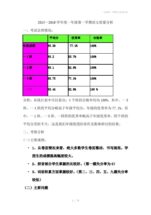 一年级第一学期语文质量分析