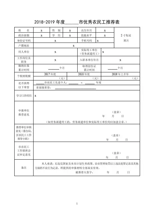 2018-2019年度市优秀农民工推荐表【模板】