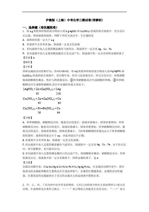 沪教版(上海)中考化学三模试卷(带解析)
