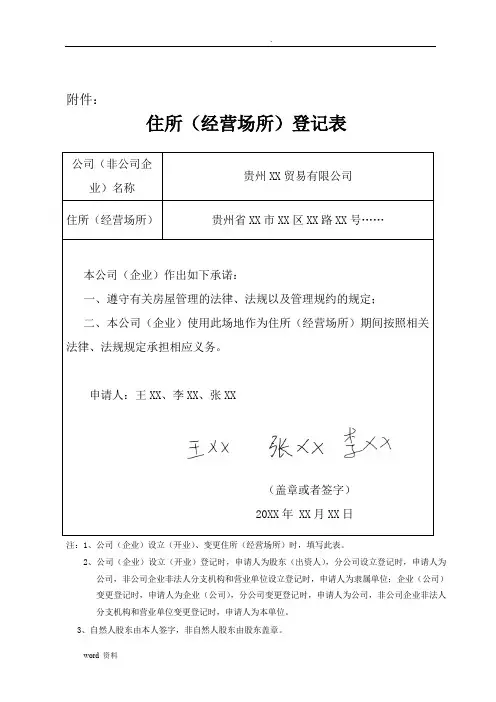 企业住所(经营场所)登记表及相关证明