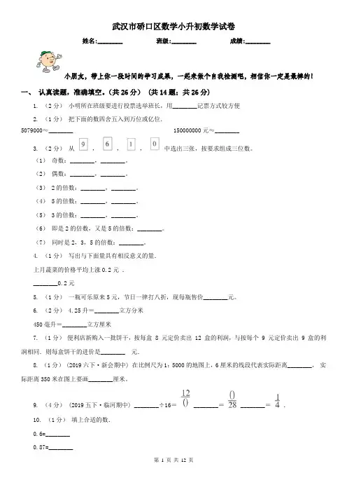 武汉市硚口区数学小升初数学试卷