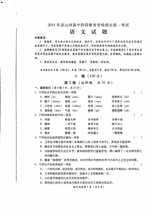 2015年四川省凉山州中考试题 语文