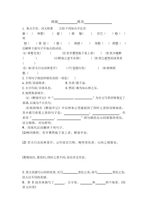 人教部编版语文九年级上册第11课《醉翁亭记》同步练习