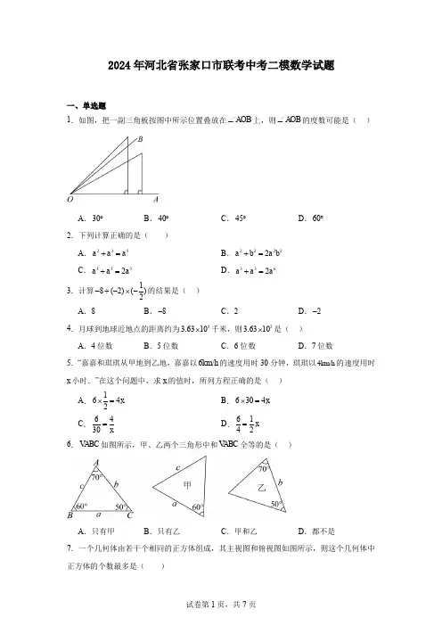 2024年河北省张家口市联考中考二模数学试题