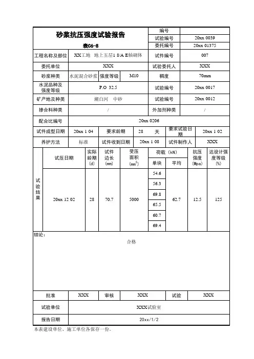 砂浆抗压强度试验报告-建筑公司资料员资料施工试验记录表格填写范例工程资料用表施工记录