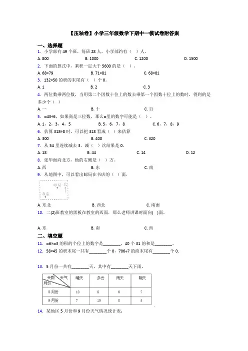 【压轴卷】小学三年级数学下期中一模试卷附答案