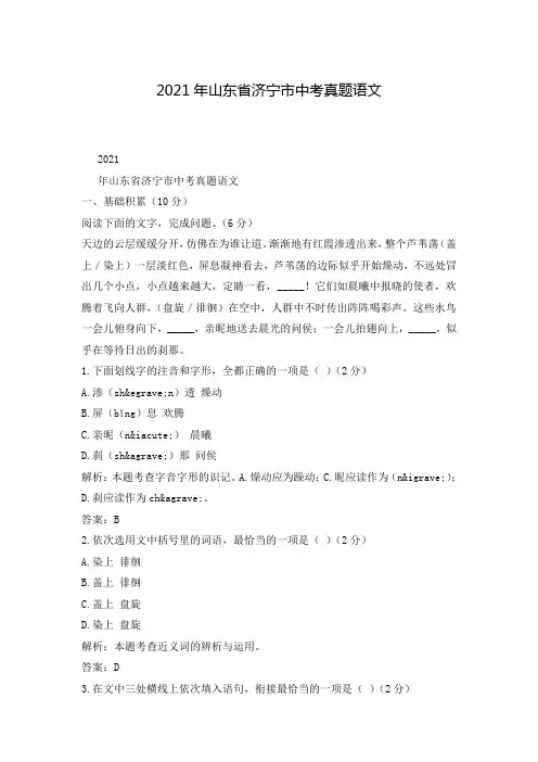 2021年山东省济宁市中考真题语文