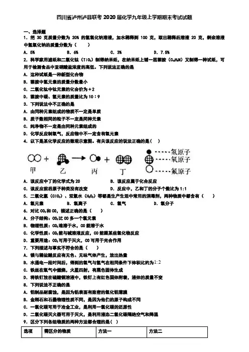 四川省泸州泸县联考2020届化学九年级上学期期末考试试题