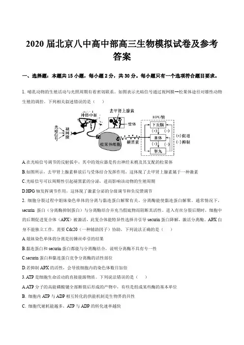 2020届北京八中高中部高三生物模拟试卷及参考答案