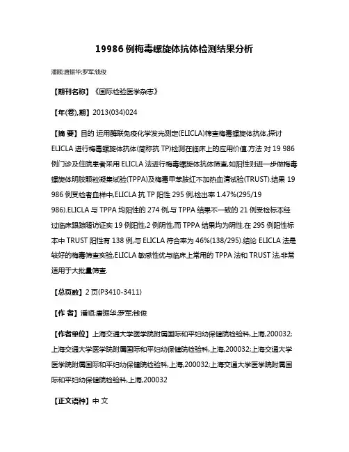19986例梅毒螺旋体抗体检测结果分析