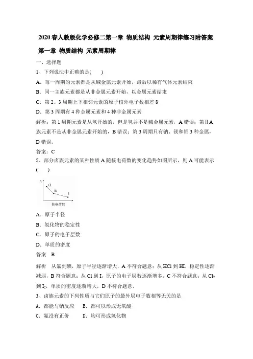 2019—2020学年第二学期人教版化学必修二第一章 物质结构 元素周期律练习附答案